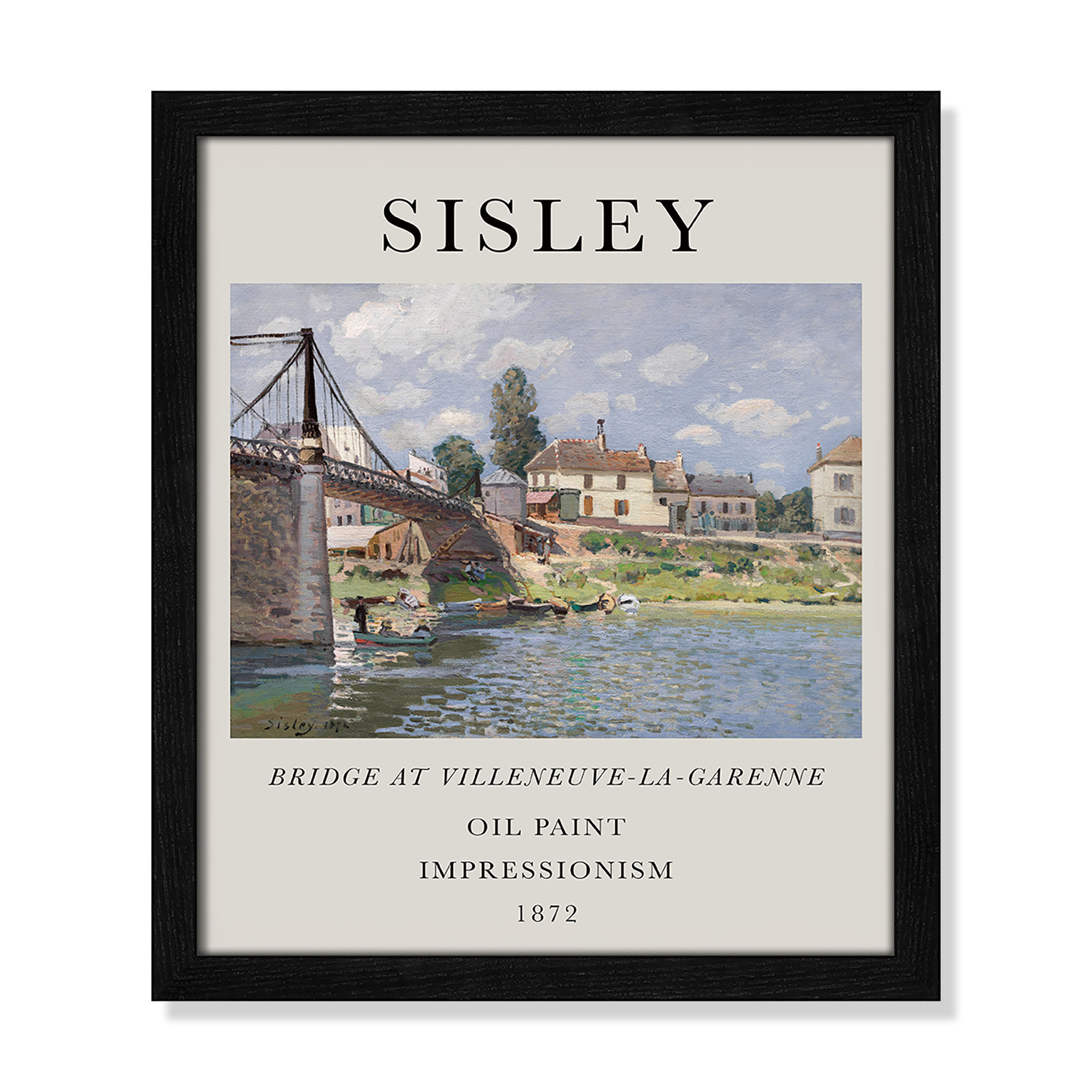 Old Masters Collection " The Bridge At Villeneuve " by Alfred Sisley, 15" H x 13" W x 0.75" D, Black Single Picture Frame, No