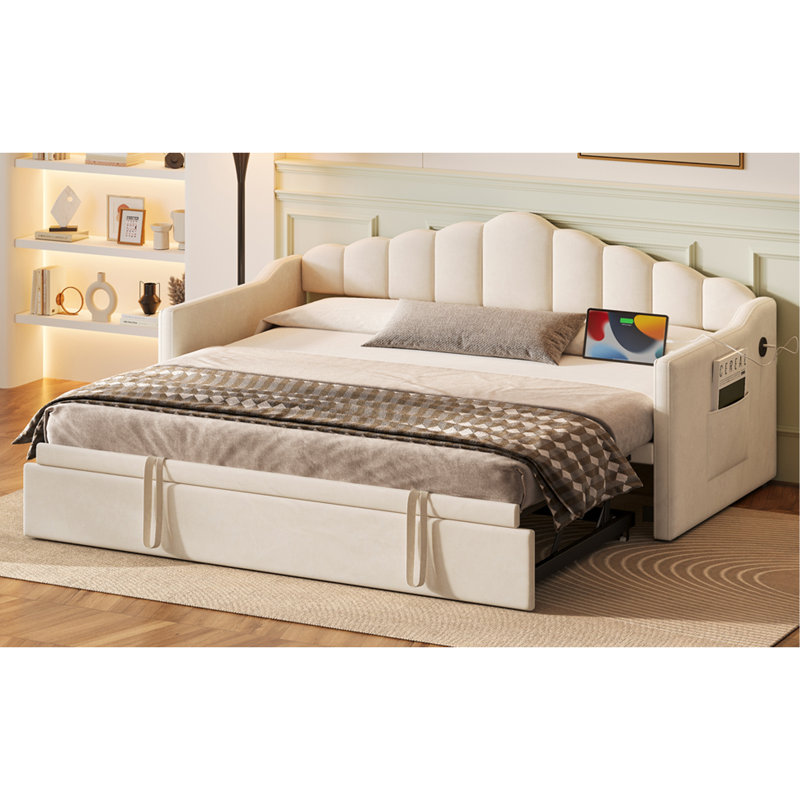 Lit de jour tapissier simple avec lit gigogne escamotable à hauteur réglable et port de charge USB et Type-C, structure de lit de jour avec 2 poches latérales, aucun sommier nécessaire, beige