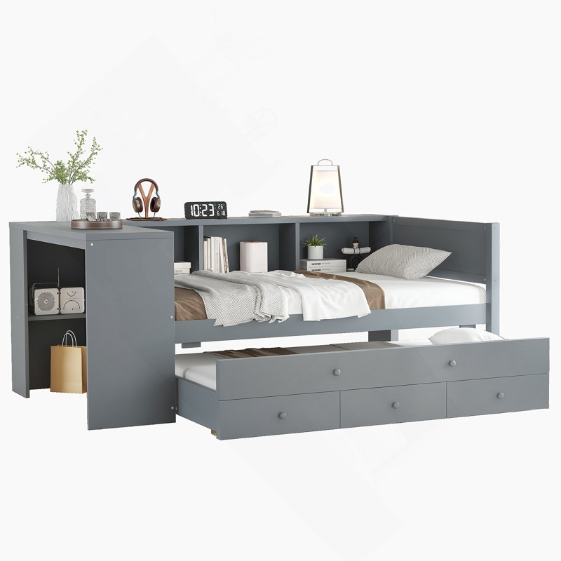 Lit de jour fonctionnel avec lit gigogne, tiroirs de rangement intégrés, tablettes latérales et bureau, idéal pour économiser de l'espace et une vie confortable