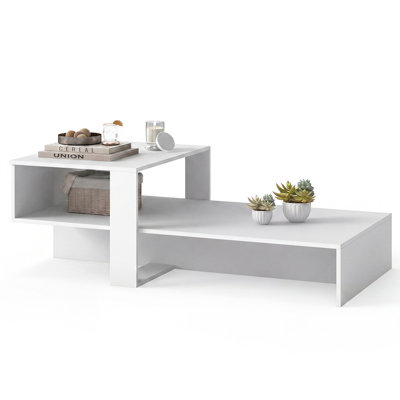 2-Tier Coffee Table with Open Storage Shelf, Cross-shaped Base for Living Room White