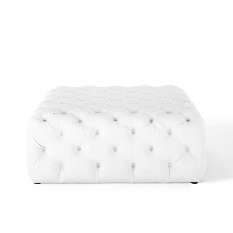 White Tufted Vegan Leather Large Square Ottoman