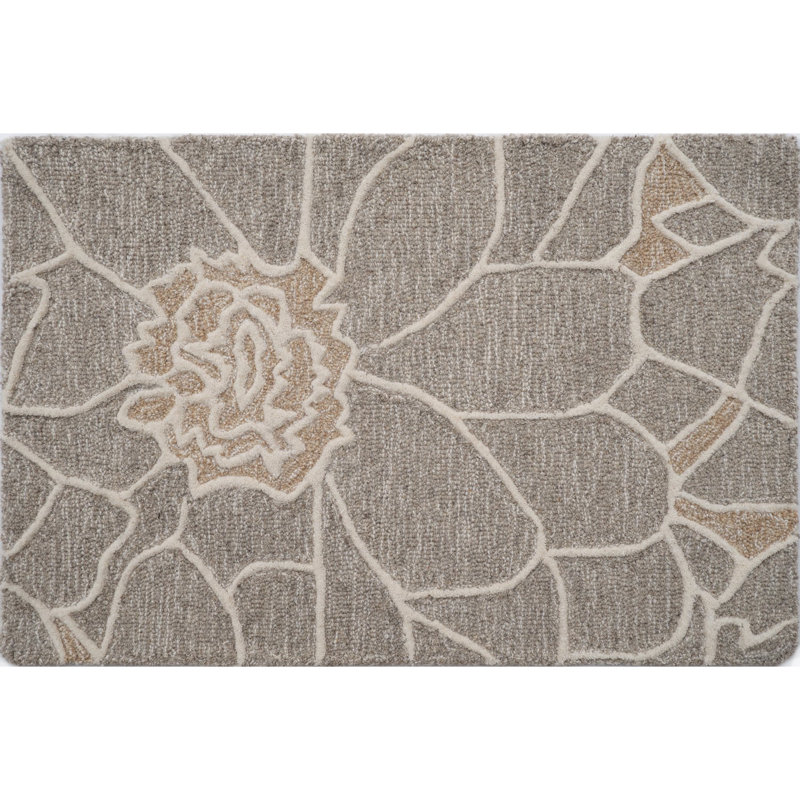Tapis naturel / blanc en laine touffeté à la main à motif floral Corolla, Tapis de couloir 2 pi 3 po x 8 pi