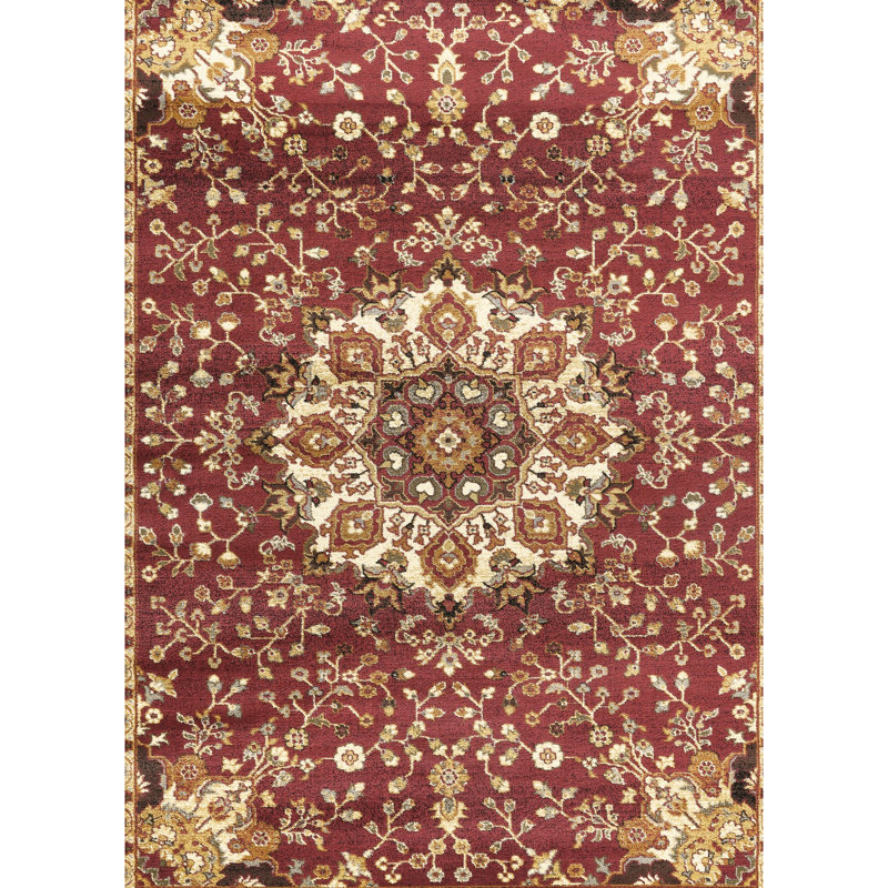 Tapis rouge classique 7 pi 10 po X 3 avec des couleurs élégantes et tendance - design avant avec médaillon intemporel