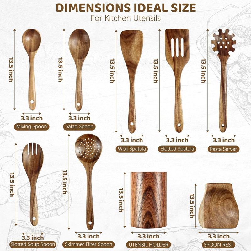 Ensemble d'ustensiles de cuisine en bois 9 pièces avec crochets en métal, résistant à la chaleur antiadhésif, respectueux de l'environnement
