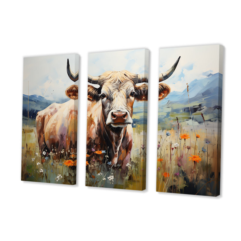 Vache dans des champs pastel - ensemble d'art mural animal de vache, H 28 po x l 36 po
