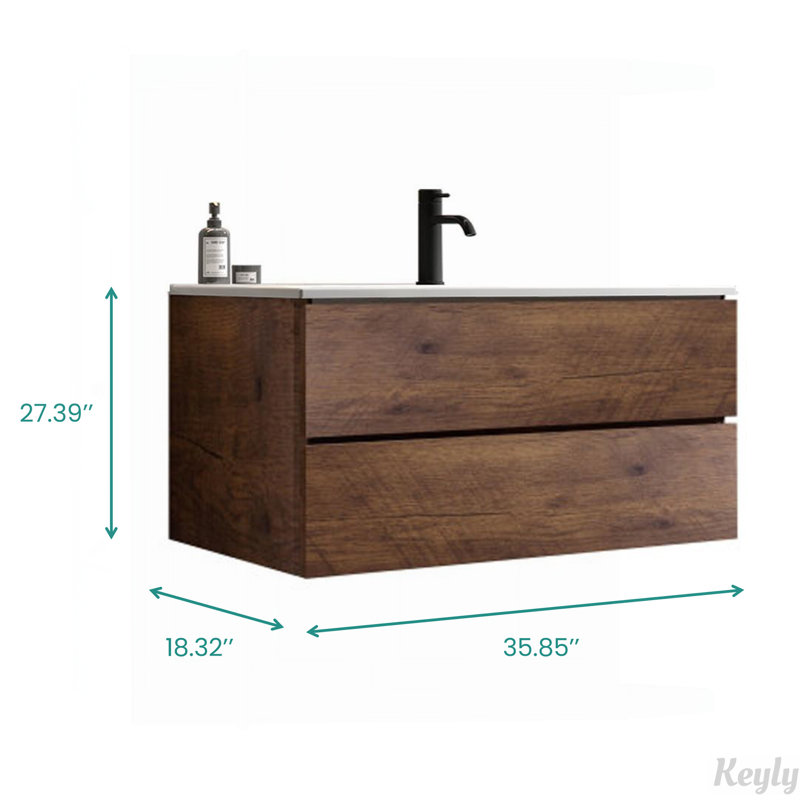 Meuble-lavabo mural avec lavabo en céramique et trou unique, Noyer, 36"