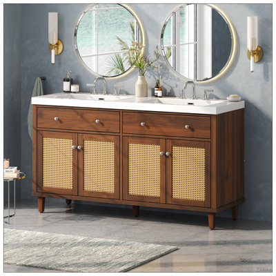 Meuble-lavabo de 60 po avec lavabo double (lavabo SMC), grand espace de rangement avec 2 plateaux rabattables / 4 tiroirs rabattables et 4 portes à fermeture douce, pieds en bois massif et poignées en métal argenté, brun