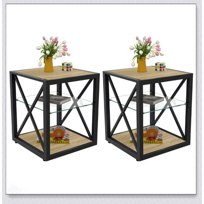 Ensemble de 2 tables de chevet modernes avec plateau en bois aggloméré et verre trempé de style industriel pour chambre à coucher et salon