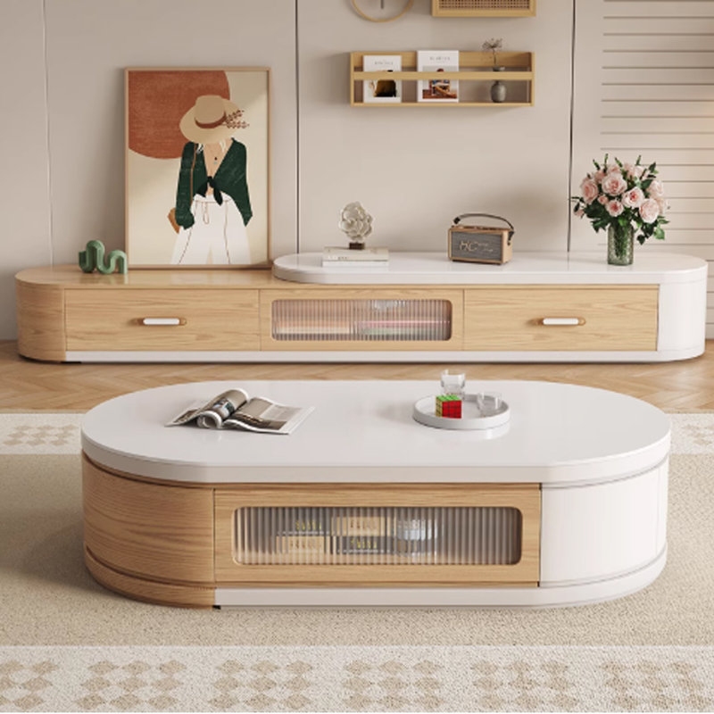 Table basse ovale télescopique en bois naturel