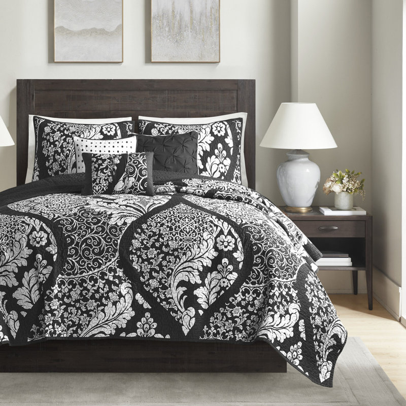 Courtepointe en coton 6 pièces, très grand / très grand, noir complexe, réversible, rembourrage à 90% et coussins de broderie 6 très grands, imprimé, coton / réversible avec revers uni