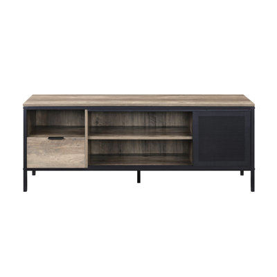 Meuble télé de 50 à 59 pouces à écran plat en chêne rustique et métal noir, 1 tiroir, 4 zones de rangement pour accessoires Meuble de 55 po, style métallique, un tiroir, quatre compartiments