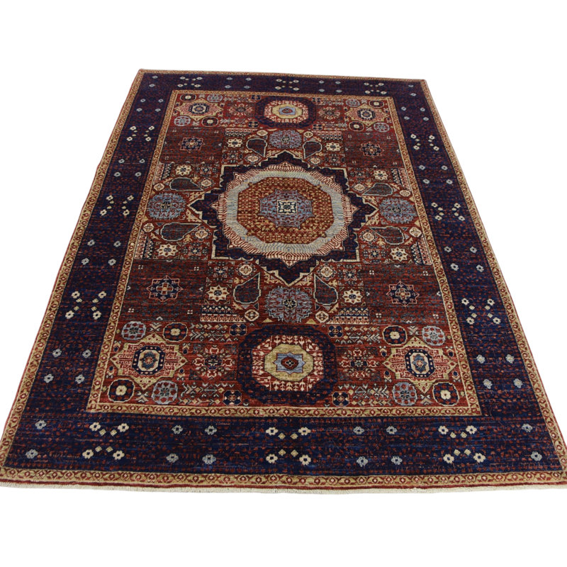Hand Knotted Wool Area Rug in Red And Navy