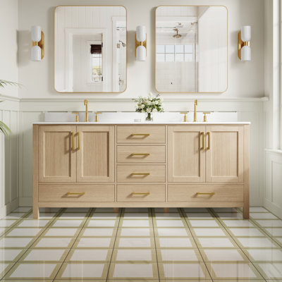 Freestanding 80" W x 35" H Solid Wood Bathroom Vanity With Carrara White Cultured Marble Countertop And Ceramic Double Sink,Oak