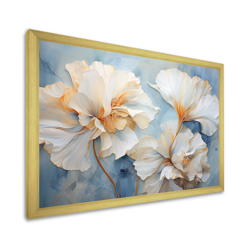 Œillets beiges sur fond bleu III sur toile, Cadre doré simple, H 34 po x l 44 po x P 1,5 po