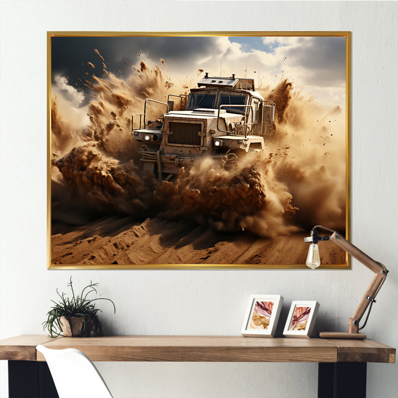 Camion militaire, guerre mécanisée sur toile, H 16 po x l 32 po x P 1 po, Cadre flottant doré