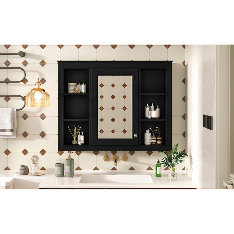 Armoire murale noire de salle de bain 35 po x 27,5 po, conception fonctionnelle, armoire avec miroir