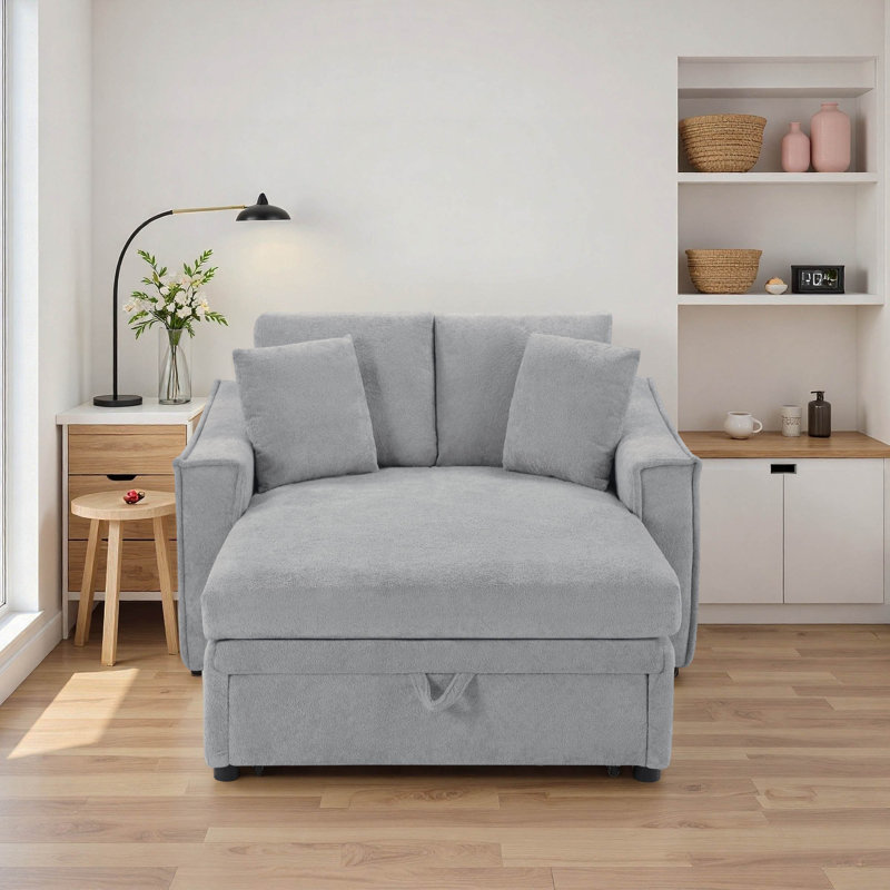 Chaise longue en velours flocon de neige 53,5 po avec tiroir de rangement coulissant et coussins, Gray
