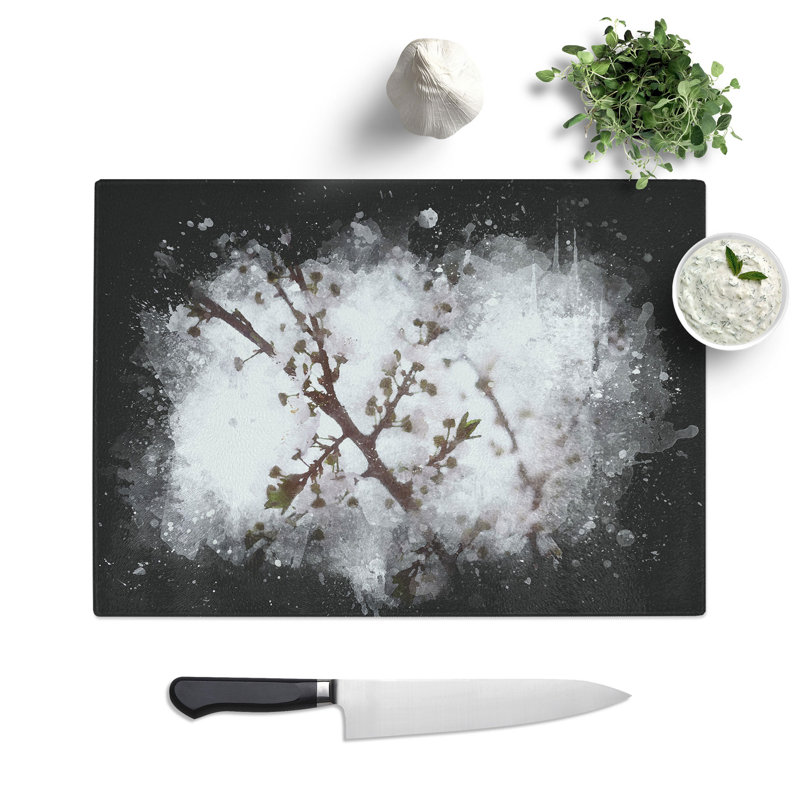 Tempered Glass Branch of a White Cherry Blossom Tree Chopping Board, 20 cm x 28.5 cm
