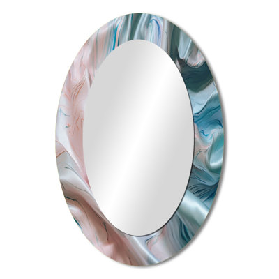 Pink Blue Dancing Colors II - Abstract Oval Decorative Mirror On Metal