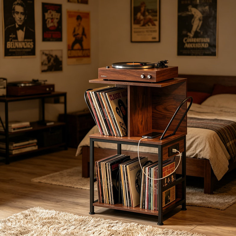 Support pour tourne-disque avec rangement en vinyle, grande table de rangement pour 180 albums, support de rangement pour disque vinyle avec chargeur USB intégré, table d'appoint multifonctionnelle et tablette pour le salon, modèle brun rustique de qualité supérieure