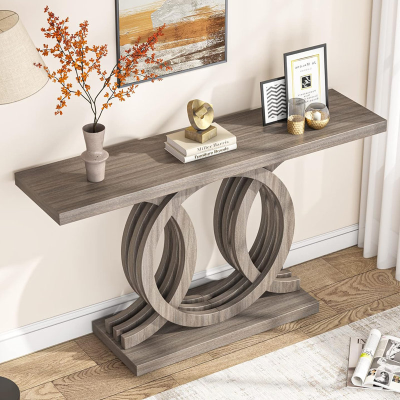 Console 55 po avec base géométrique en bois, canapé d'entrée rustique pour salon, couloir, vestibule - table d'appoint décorative pour présentation et rangement, gris