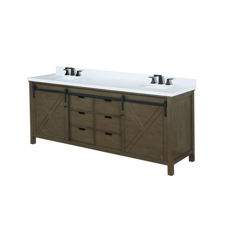 Meuble-lavabo double brun rustique 80 po X P 22 po D, ensemble de comptoir et robinet en quartz blanc, Brun rustique, 80"