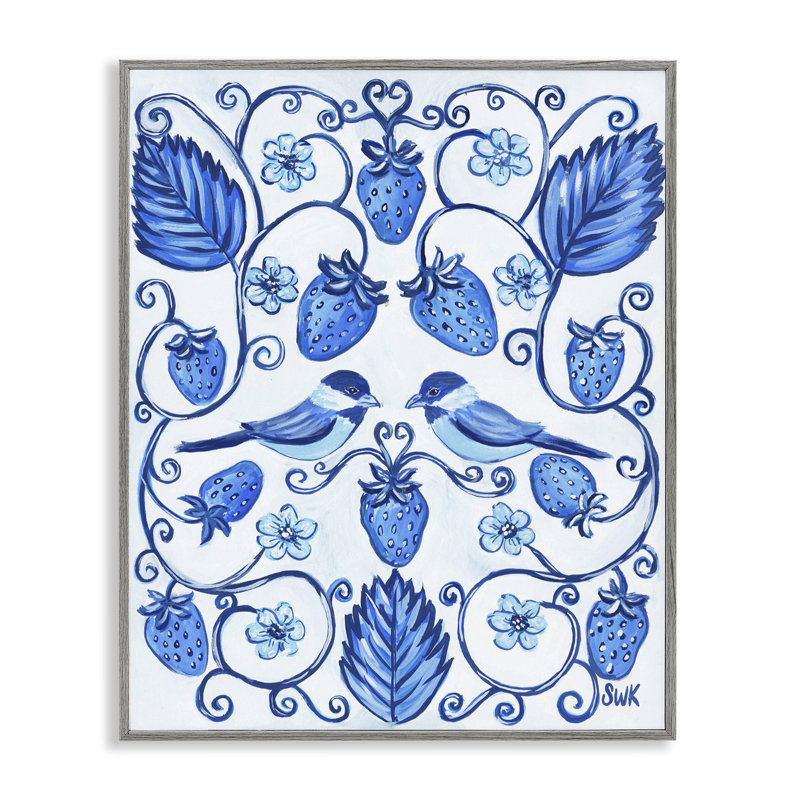 Fraise bleue avec oiseaux, estampe numérique, design par Sarah Waldron Kimball, H 14 po x l 11 po