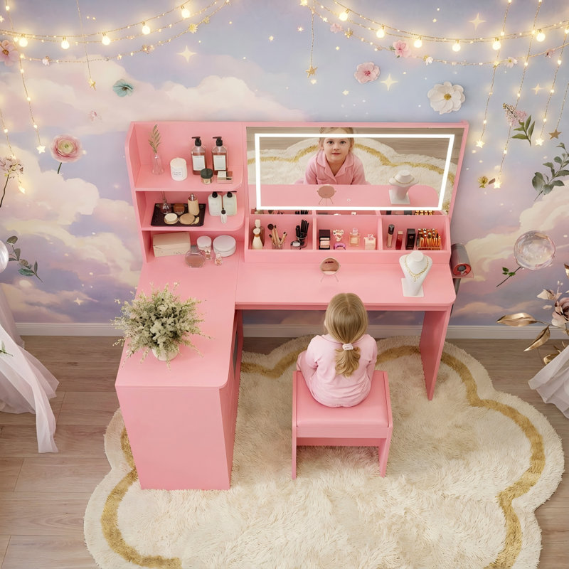 Meuble-lavabo de coin avec lumières et miroir, Rose clair