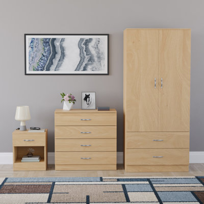 Maybery 3 Piece Bedroom Set (1 Drawer Bedside Chest, 4 Drawer Chest, 2 Door 2 Drawer Wardrobe), (4)