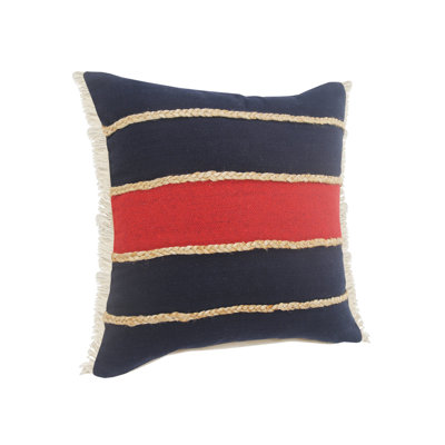 20" X 20" Navy Red And Tan 100% Cotton Striped Zippered Pillow