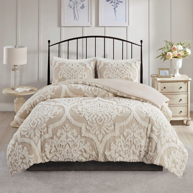 Ensemble de housse de couette damassé en coton touffeté 3 pièces Viola, literie beige multicolore pour très grand / très grand californien, certifié Oeko-Tex