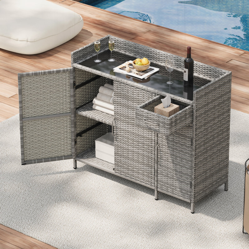47.5"W Wicker Outdoor Storage Cabinet with Tempered Glass Desktop, Gray