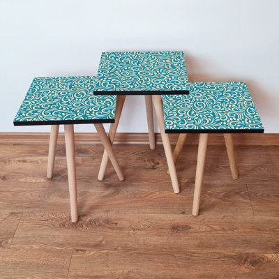 Modern Nesting Table Set (3 Pieces), Blue  Cream, 13.8 x 20.5 x 13.8 inches | 100% MDF with Beech Wood Legs, Thickness: 0.7 inches | Stylish  Functi