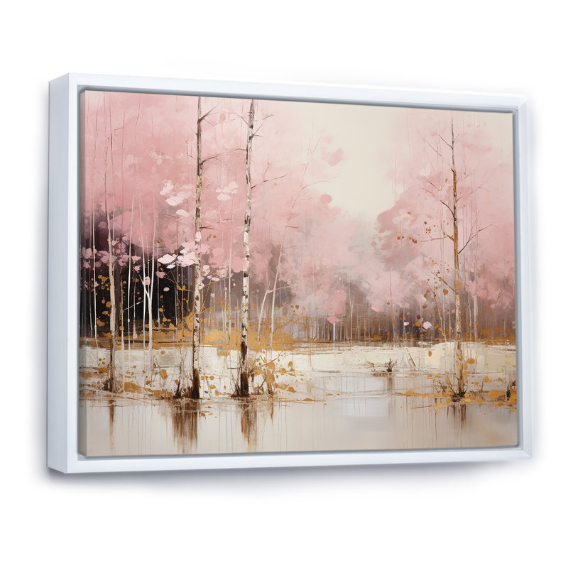 «Minimalisme rose et forêt dorée I», art sur toile, Cadre flottant blanc, H 12 po x l 20 po x P 1 po
