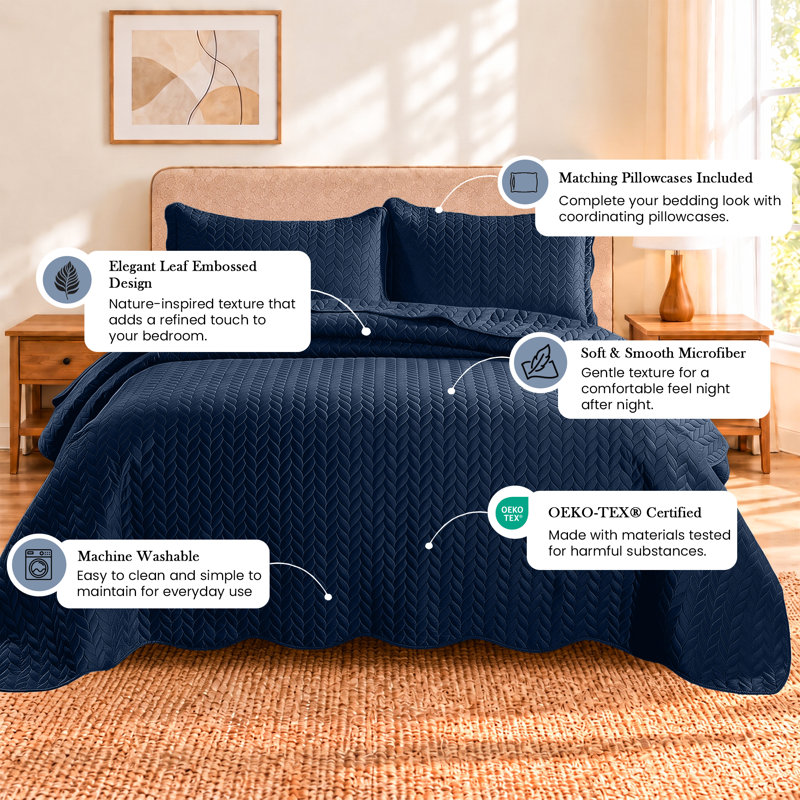 Embossed Quilted Bedspread Set – Soft Microfiber Coverlet With Pillow Shams, Hotel-Style Bedding For High Beds, Blue
