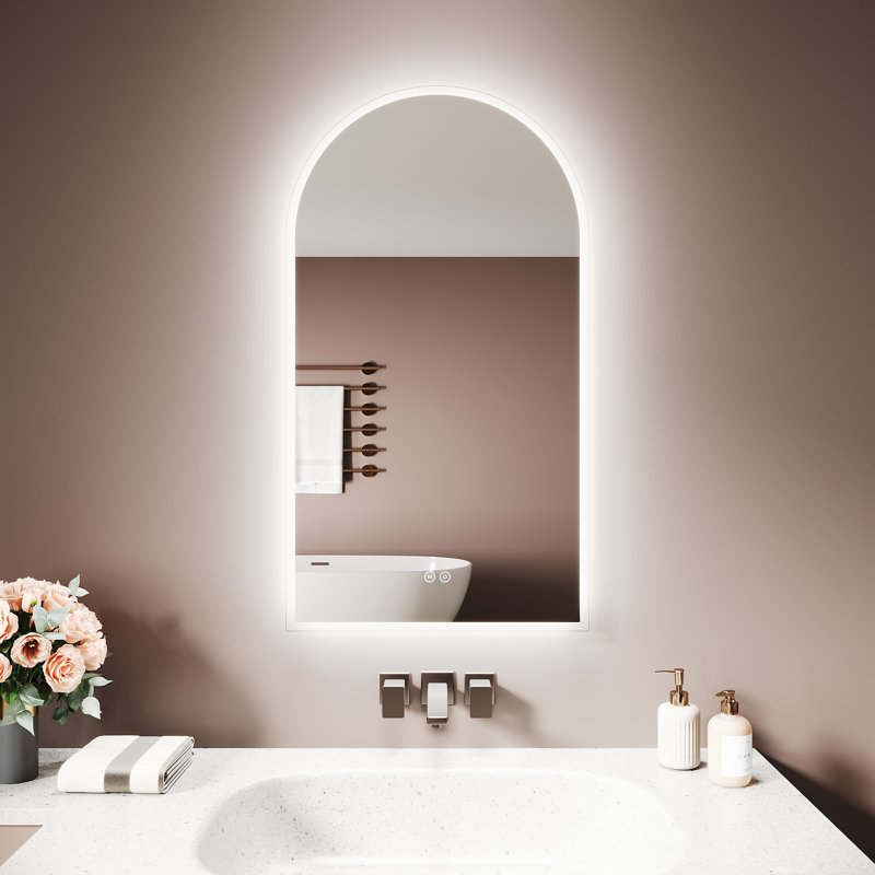 Arched White Metal Bathroom Mirror, Frosted Surround Edge, Anti-Fog Pad, Touch Stepless Dimming LED