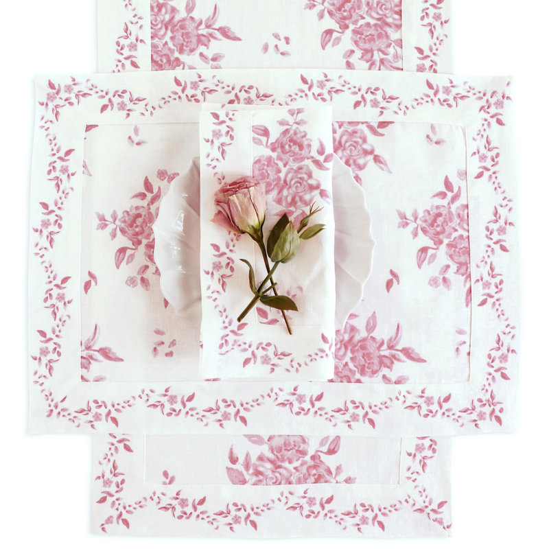 Chemin de table Jolie Fleur - 100% lin pur, Rose, 60 po x 14 po
