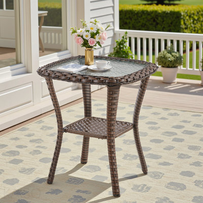 Outdoor Wicker Side Table with Glass Tabletop and Storage Shelf