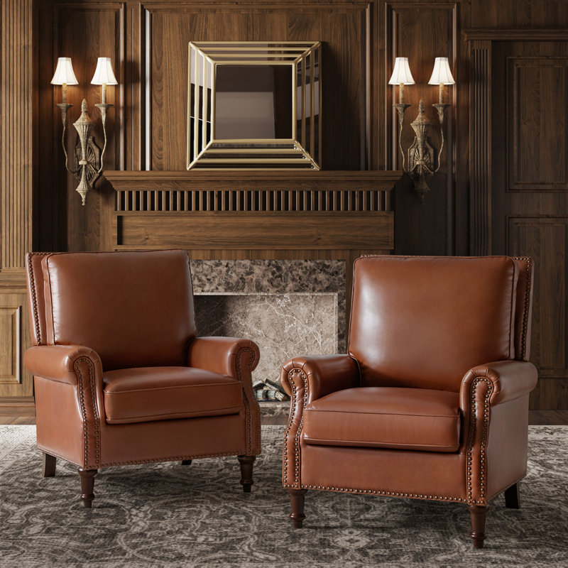 Wajeeh 33"W Mid-Century Modern Oil Wax Genuine Leather Accent Chair With Solid Wood Legs , Saddle Genuine Leather