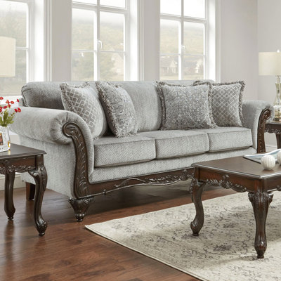 Gray With Wood Ornaments, Microfiber Upholstery, Rolled Arms, Dark Cherry Feet, High Foam Padding, Combined Matching Pillows Frame Living Room , And , Soft Details, Hardwood, Foam, Fringe Included