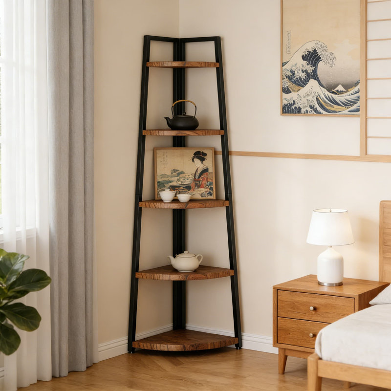Bibliothèque échelle en bois massif avec étagère d'angle, rangement à 5 niveaux pour le salon, la salle de bain, la chambre à coucher, bibliothèque d'angle avec conception robuste