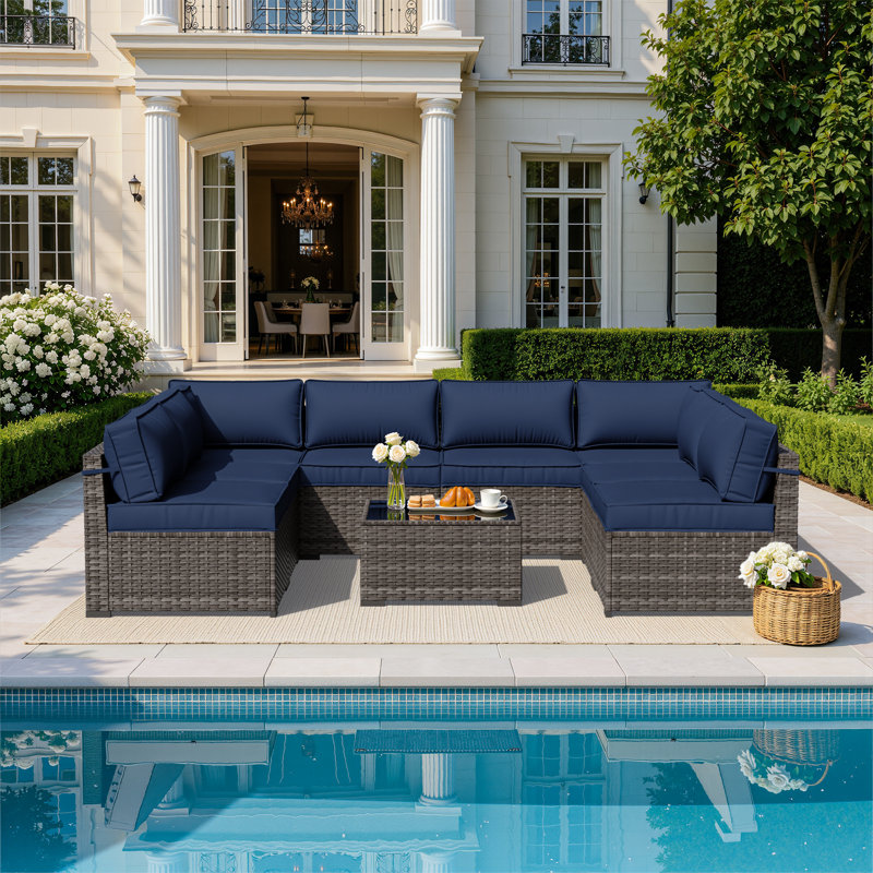 Ensemble de conversation modulaire pour patio en osier 8 personnes Riven avec coussins de soutien épais, Bleu