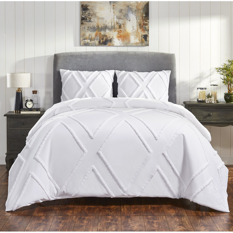Cotton Ring Stitch Geometric Shapes Comforter, White, King Comforter + 2 Shams