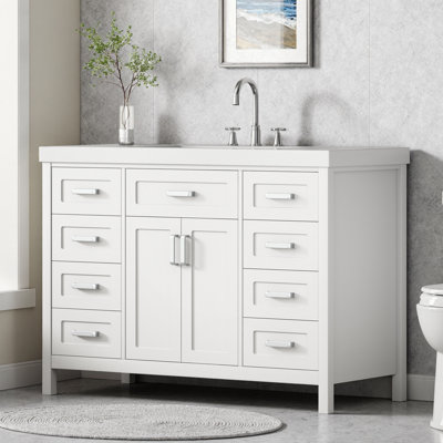 Ensemble de meuble-lavabo blanc classique 48 po avec lavabo, portes à fermeture douce et 8 tiroirs, conception autoportante
