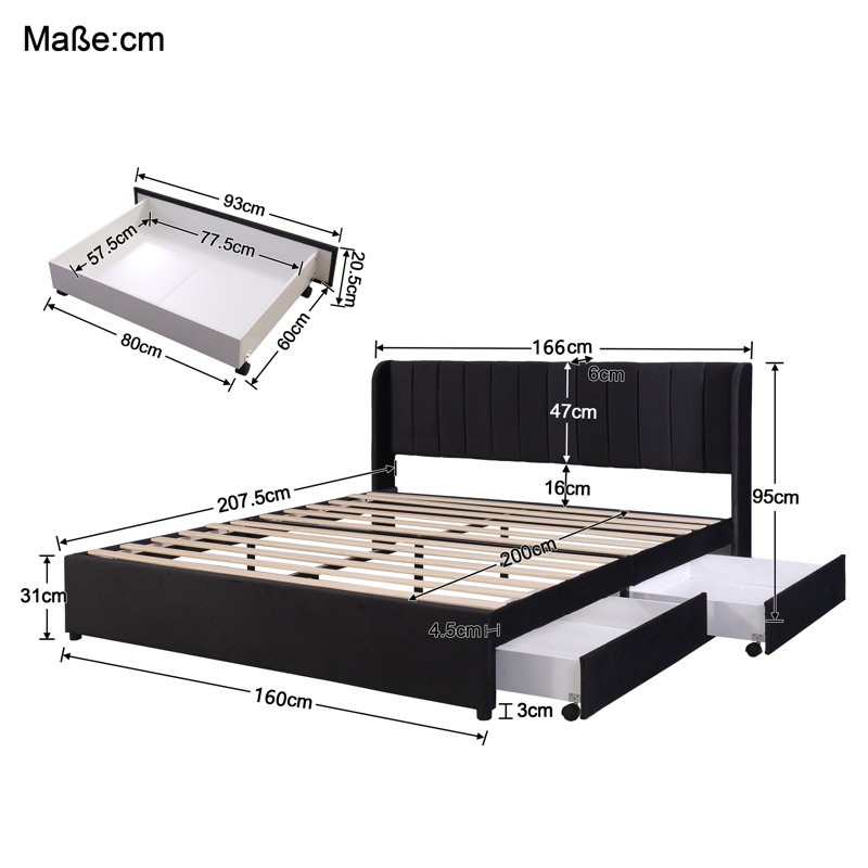 Aymon Upholstered Storage Bed, European Kingsize (160 x 200cm), Black