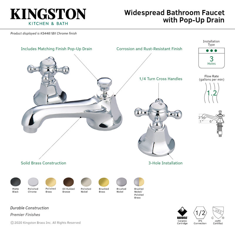 Robinet de salle de bain espacé à deux poignées à 3 poignées avec bonde escamotable en laiton Kingston, Laiton satiné
