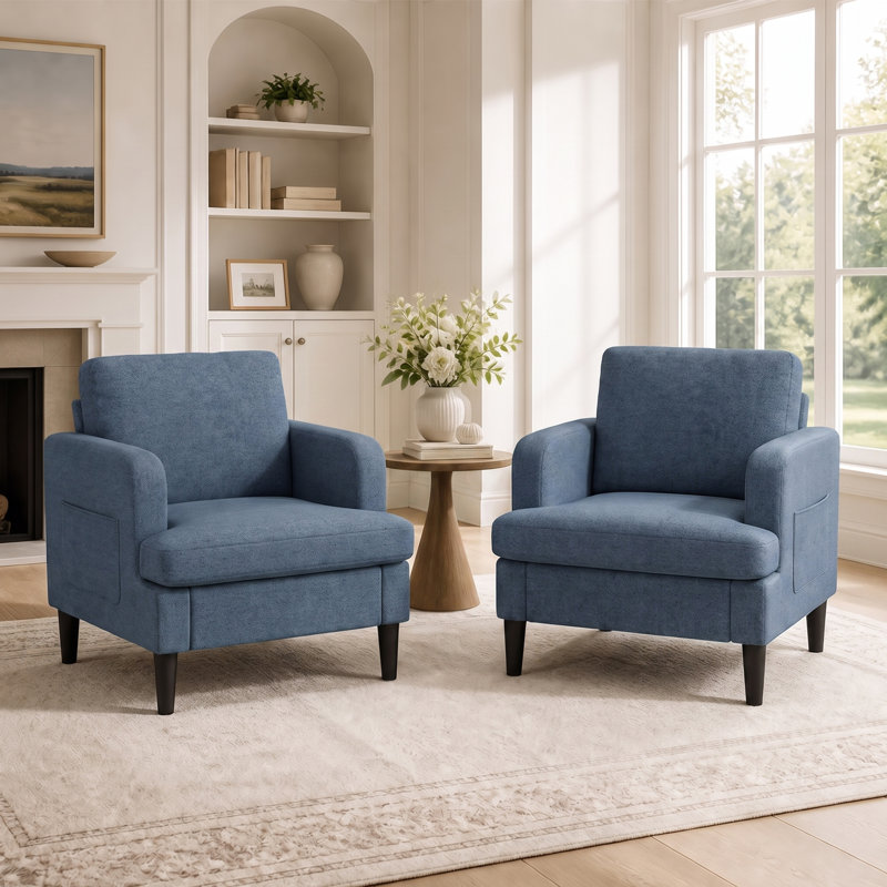 Fauteuil d'appoint rembourré moderne avec accoudoirs larges, poche de rangement latérale et dossier ergonomique, Blue