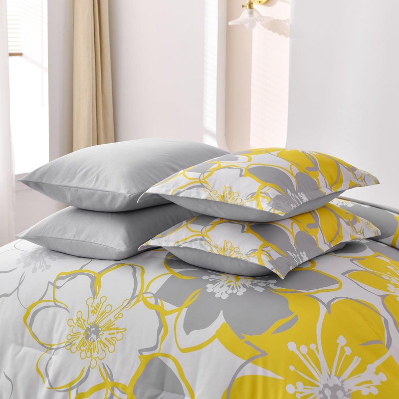 Ensemble d'édredon floral 7 pièces, literie en microfibre douce avec draps pour toutes les saisons, Jaune