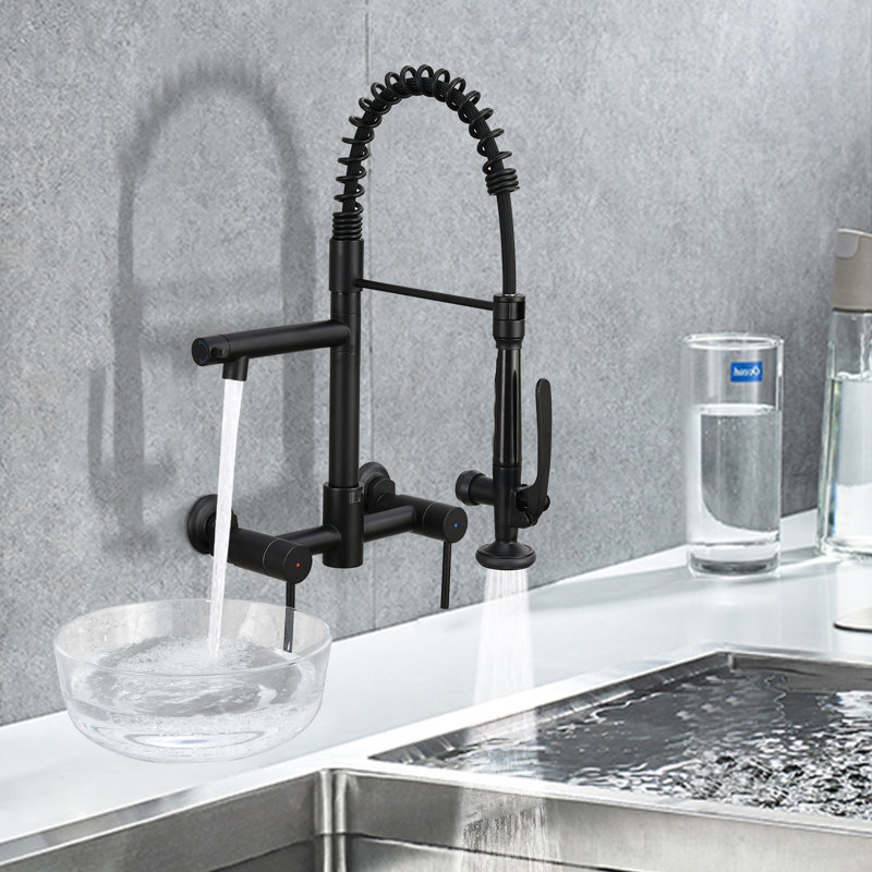 8-inch Center Wall Mount Kitchen Faucet With Pull Down Sprayer, Matte Black