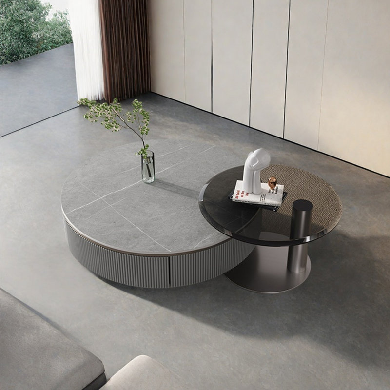 Light luxury round rock table, Black/Gray/Transparent, 13.8" H x 31.5" L x 31.5" W
